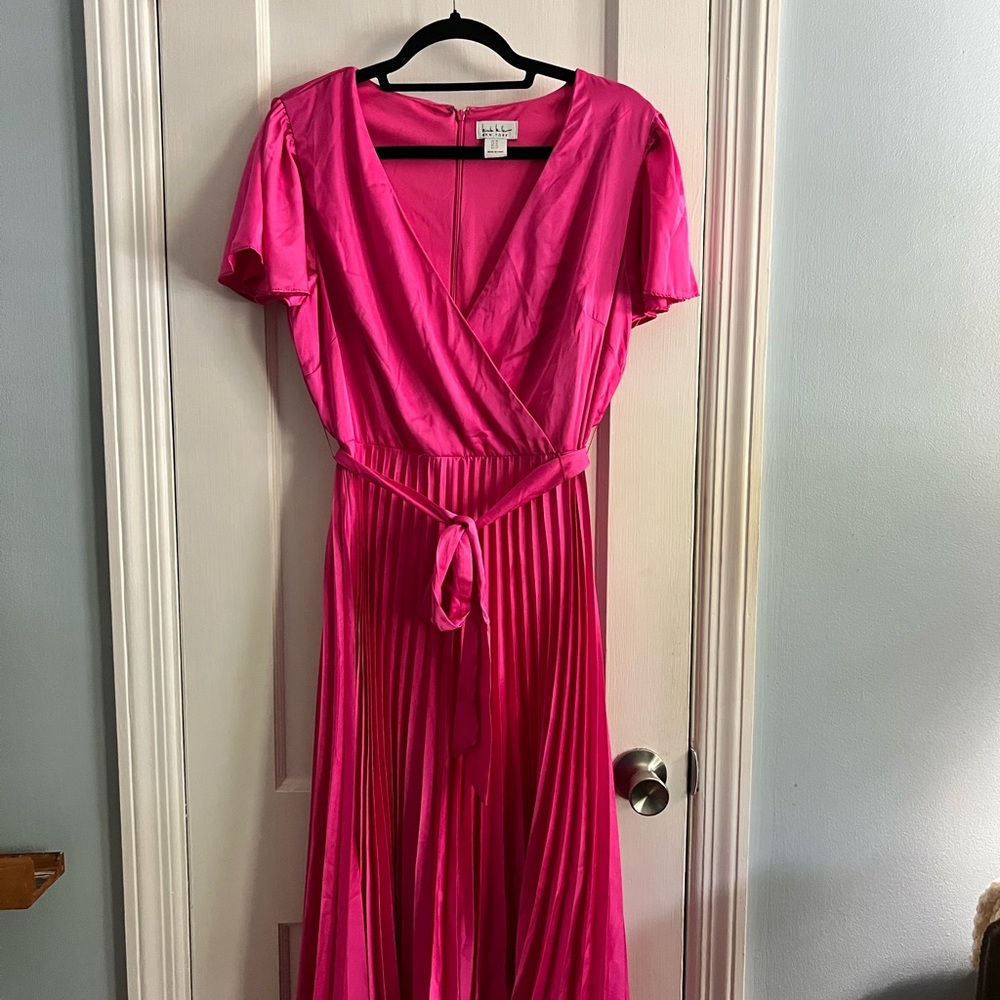 Nicole Miller Pink Pleated Faux Wrap Midi Dress
